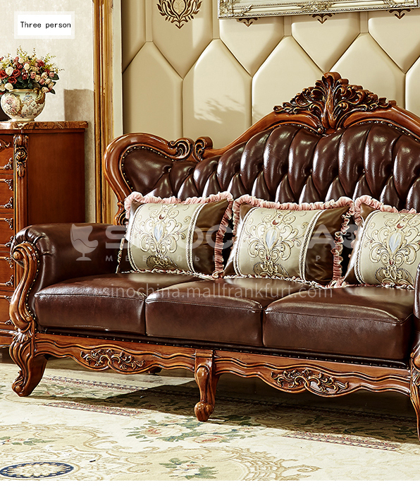 Gh 219 Luxury Classical European Style, Exposed Wood Frame Leather Sofa